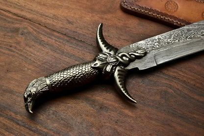 Heritage Forge 14.5" Damascus Bowie Knife with Pewter Handle and Leather Sheath