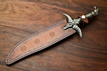 Heritage Forge 14.5" Damascus Bowie Knife with Pewter Handle and Leather Sheath