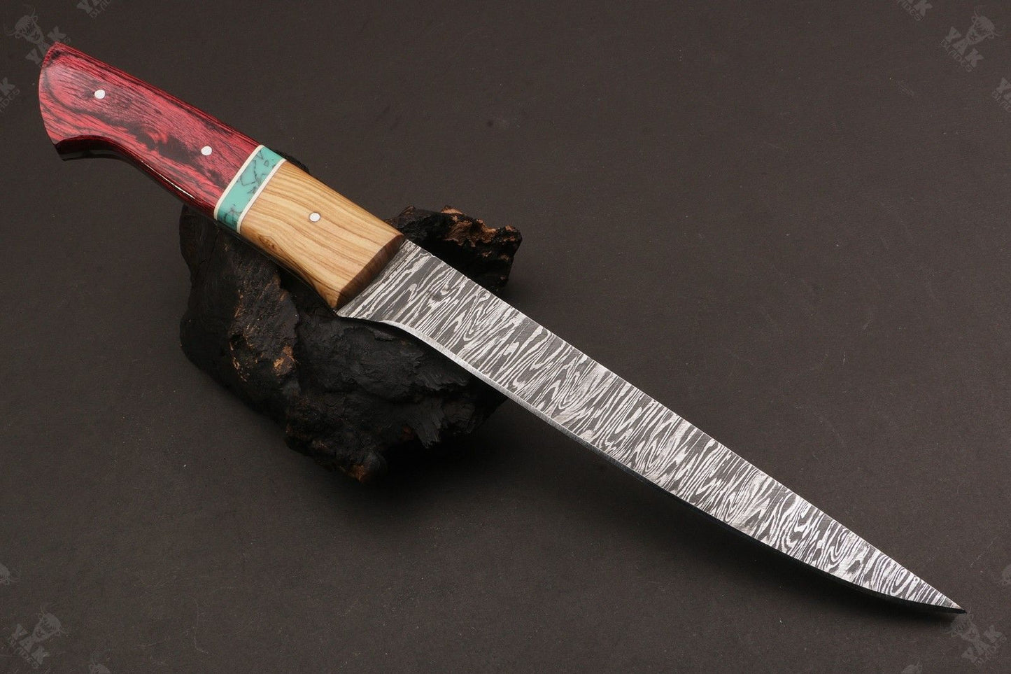 13" Custom Handmade Damascus Fillet Knife Fire Damascus Steel Fillet Knife W/Sheath