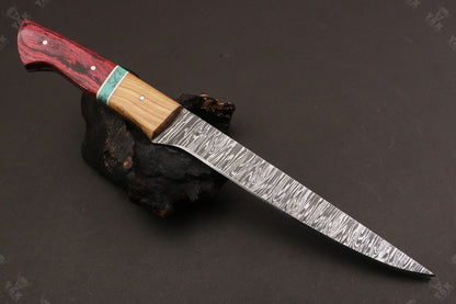 13" Custom Handmade Damascus Fillet Knife Fire Damascus Steel Fillet Knife W/Sheath