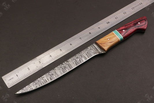 13" Custom Handmade Damascus Fillet Knife Fire Damascus Steel Fillet Knife W/Sheath