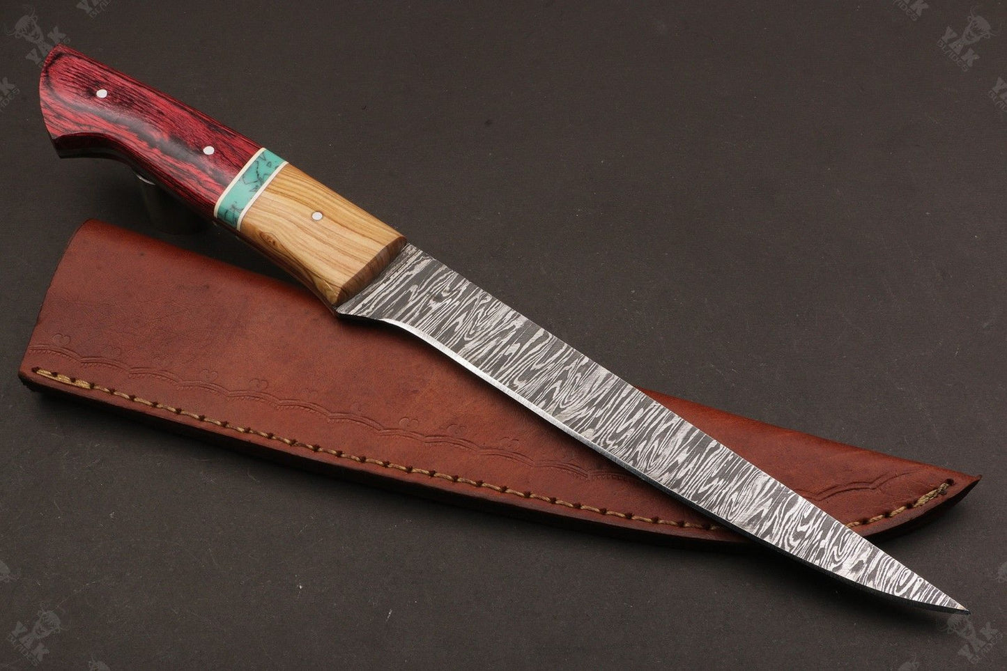 13" Custom Handmade Damascus Fillet Knife Fire Damascus Steel Fillet Knife W/Sheath