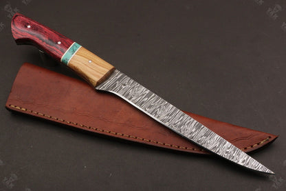 13" Custom Handmade Damascus Fillet Knife Fire Damascus Steel Fillet Knife W/Sheath