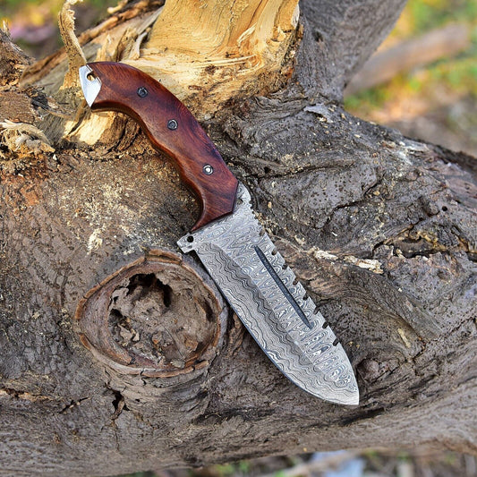 Tactical Survival Hunting Tanto Blade Damascus Tracker Knife – 10" Handmade Full Tang with Wood Handle & Leather Sheath