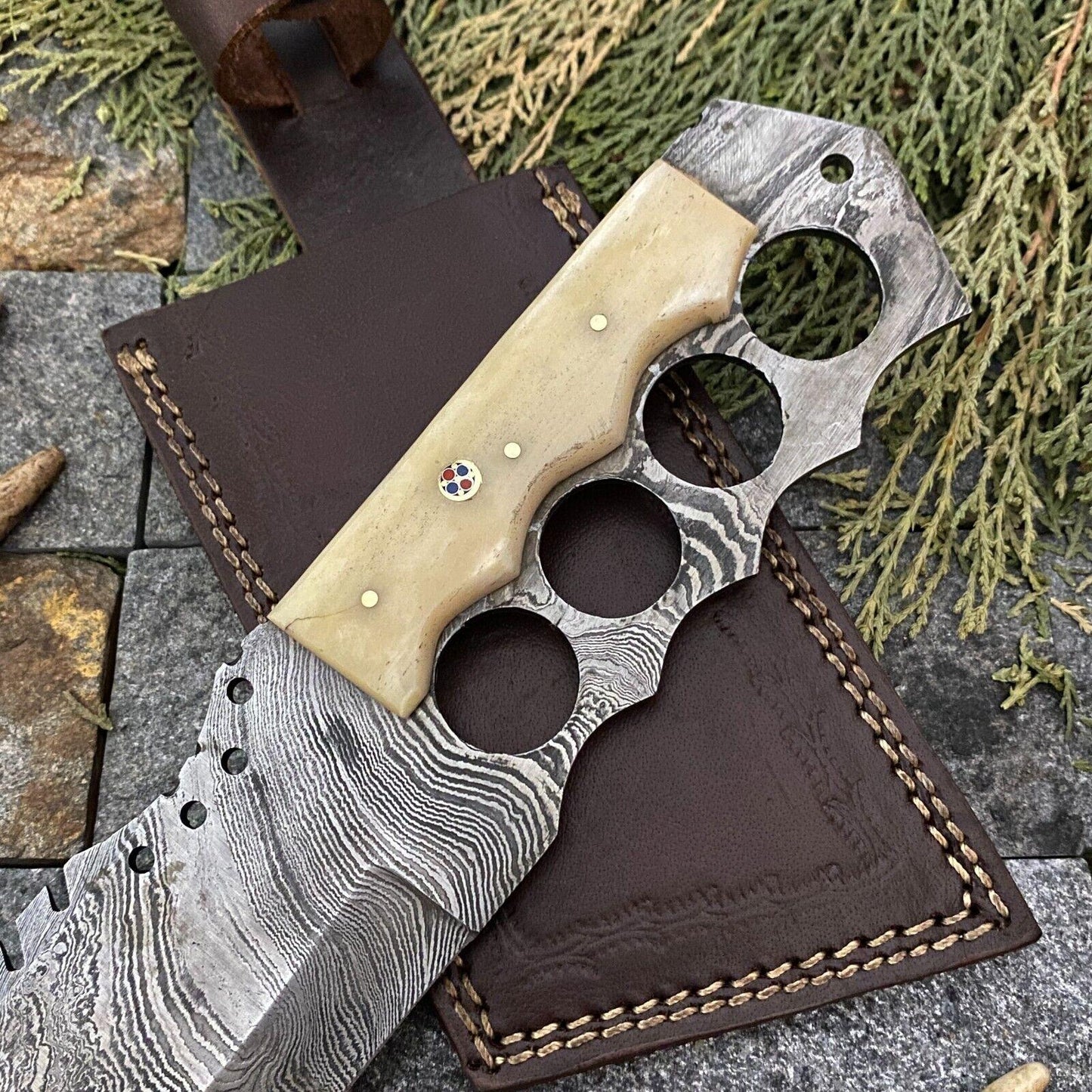 Handmade Damascus Steel Cleaver Hunting Knife with Camel Bone Handle and Leather Sheath