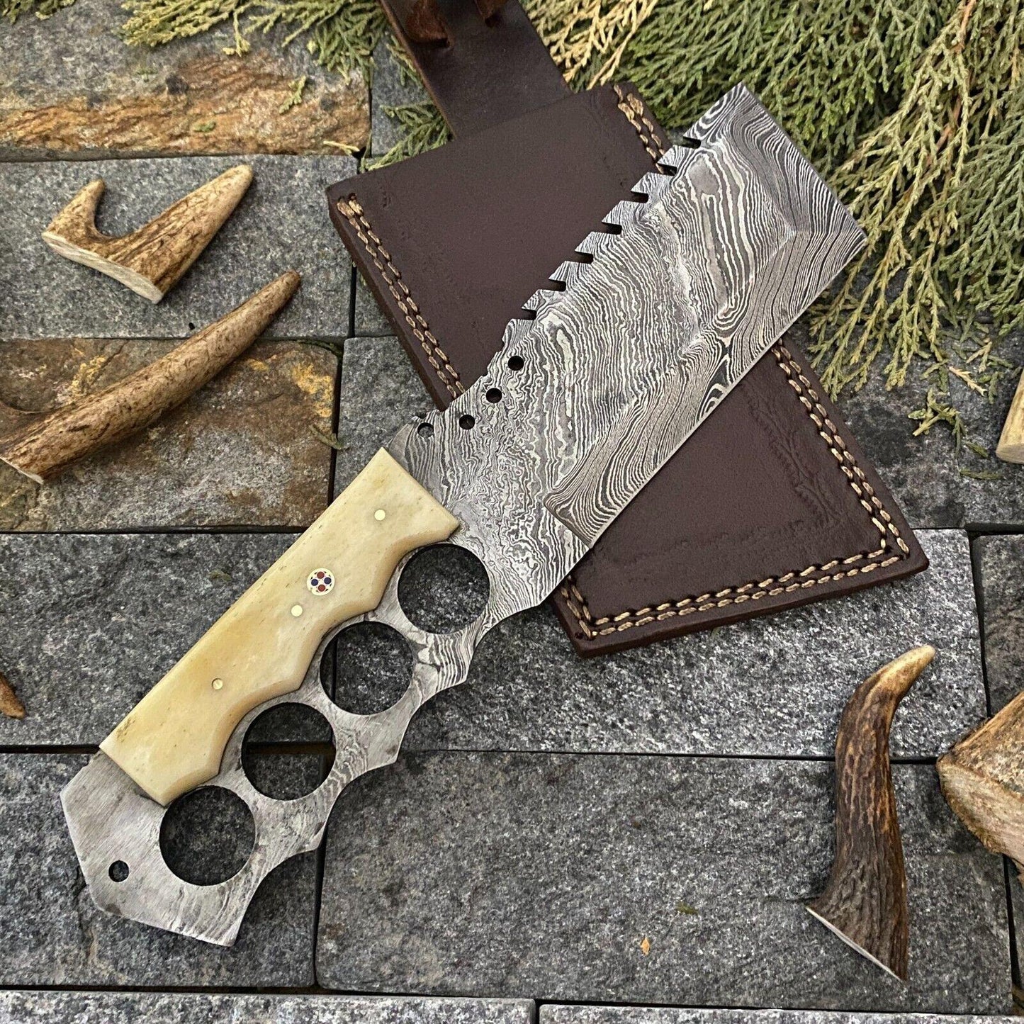 Handmade Damascus Steel Cleaver Hunting Knife with Camel Bone Handle and Leather Sheath