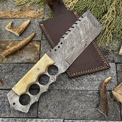 Handmade Damascus Steel Cleaver Hunting Knife with Camel Bone Handle and Leather Sheath
