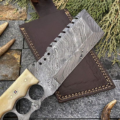 Handmade Damascus Steel Cleaver Hunting Knife with Camel Bone Handle and Leather Sheath
