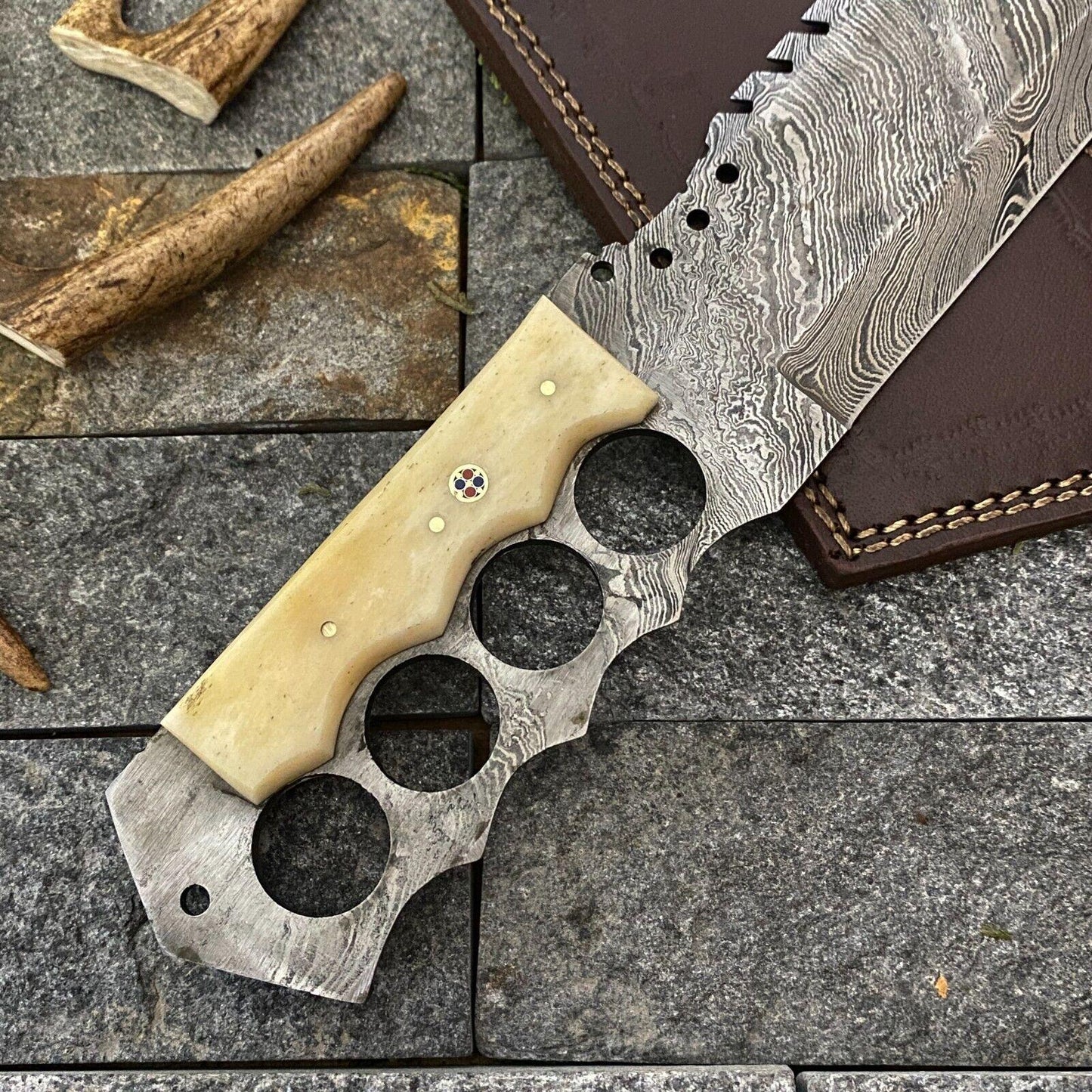 Handmade Damascus Steel Cleaver Hunting Knife with Camel Bone Handle and Leather Sheath