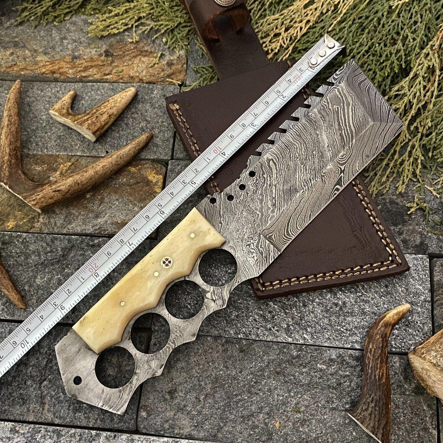 Handmade Damascus Steel Cleaver Hunting Knife with Camel Bone Handle and Leather Sheath