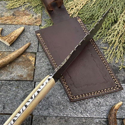 Handmade Damascus Steel Cleaver Hunting Knife with Camel Bone Handle and Leather Sheath