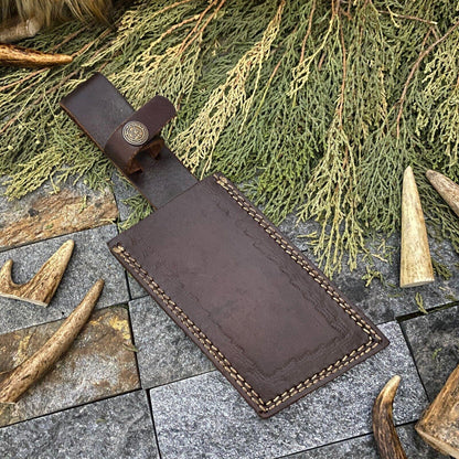 Handmade Damascus Steel Cleaver Hunting Knife with Camel Bone Handle and Leather Sheath