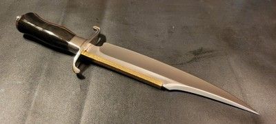 12 Inch Custom D2 Steel Bowie Knife with Brass Spine & Bull Horn Handle + Leather Sheath