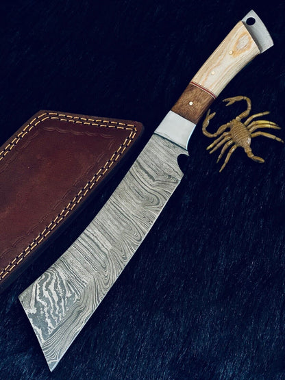 12" Twist Damascus Machete Knife with Camel Bone & Wood Handle – Handmade Full Tang Hunting Blade