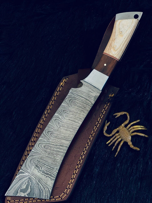 12" Twist Damascus Machete Knife with Camel Bone & Wood Handle – Handmade Full Tang Hunting Blade