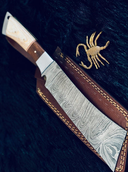 12" Twist Damascus Machete Knife with Camel Bone & Wood Handle – Handmade Full Tang Hunting Blade