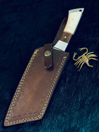 12" Twist Damascus Machete Knife with Camel Bone & Wood Handle – Handmade Full Tang Hunting Blade