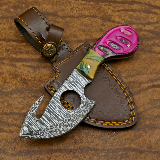 Damascus Gut Hook Skinner Hunting Knife Handmade Fixed Blade Camping Tool