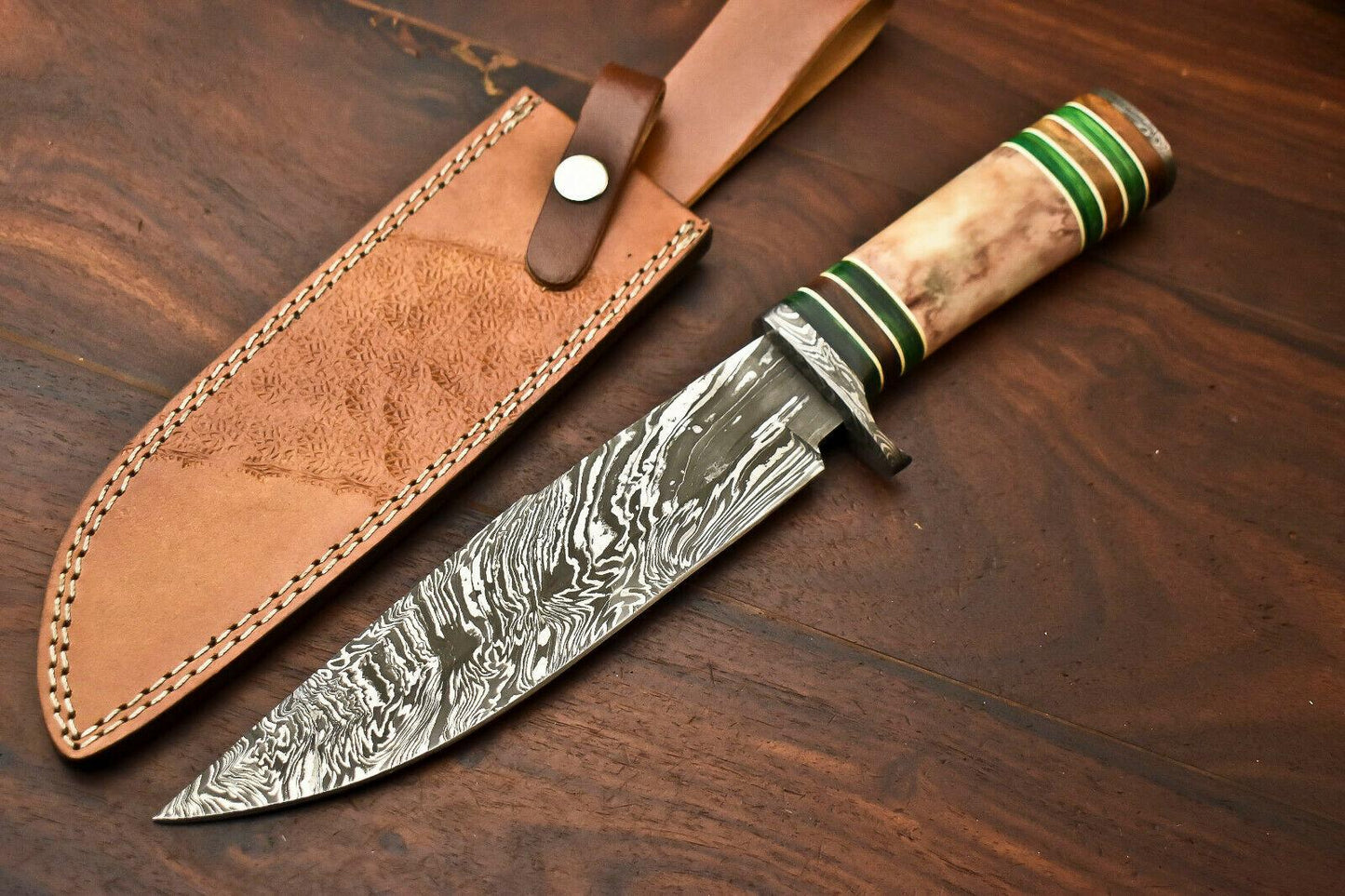 13" Damascus Steel Bowie Knife – Camel Bone Handle with Leather Sheath