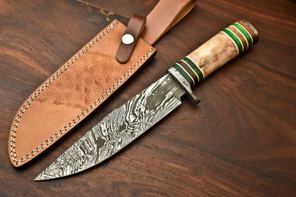 13" Damascus Steel Bowie Knife – Camel Bone Handle with Leather Sheath