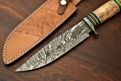 13" Damascus Steel Bowie Knife – Camel Bone Handle with Leather Sheath