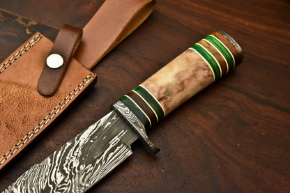 13" Damascus Steel Bowie Knife – Camel Bone Handle with Leather Sheath