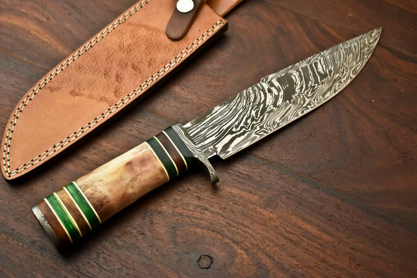 13" Damascus Steel Bowie Knife – Camel Bone Handle with Leather Sheath