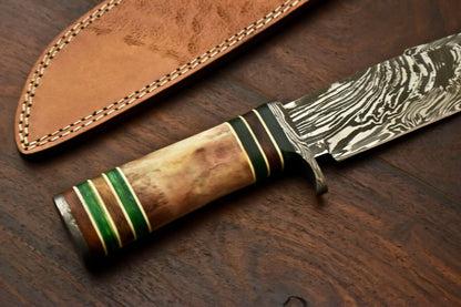 13" Damascus Steel Bowie Knife – Camel Bone Handle with Leather Sheath