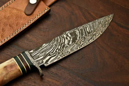 13" Damascus Steel Bowie Knife – Camel Bone Handle with Leather Sheath