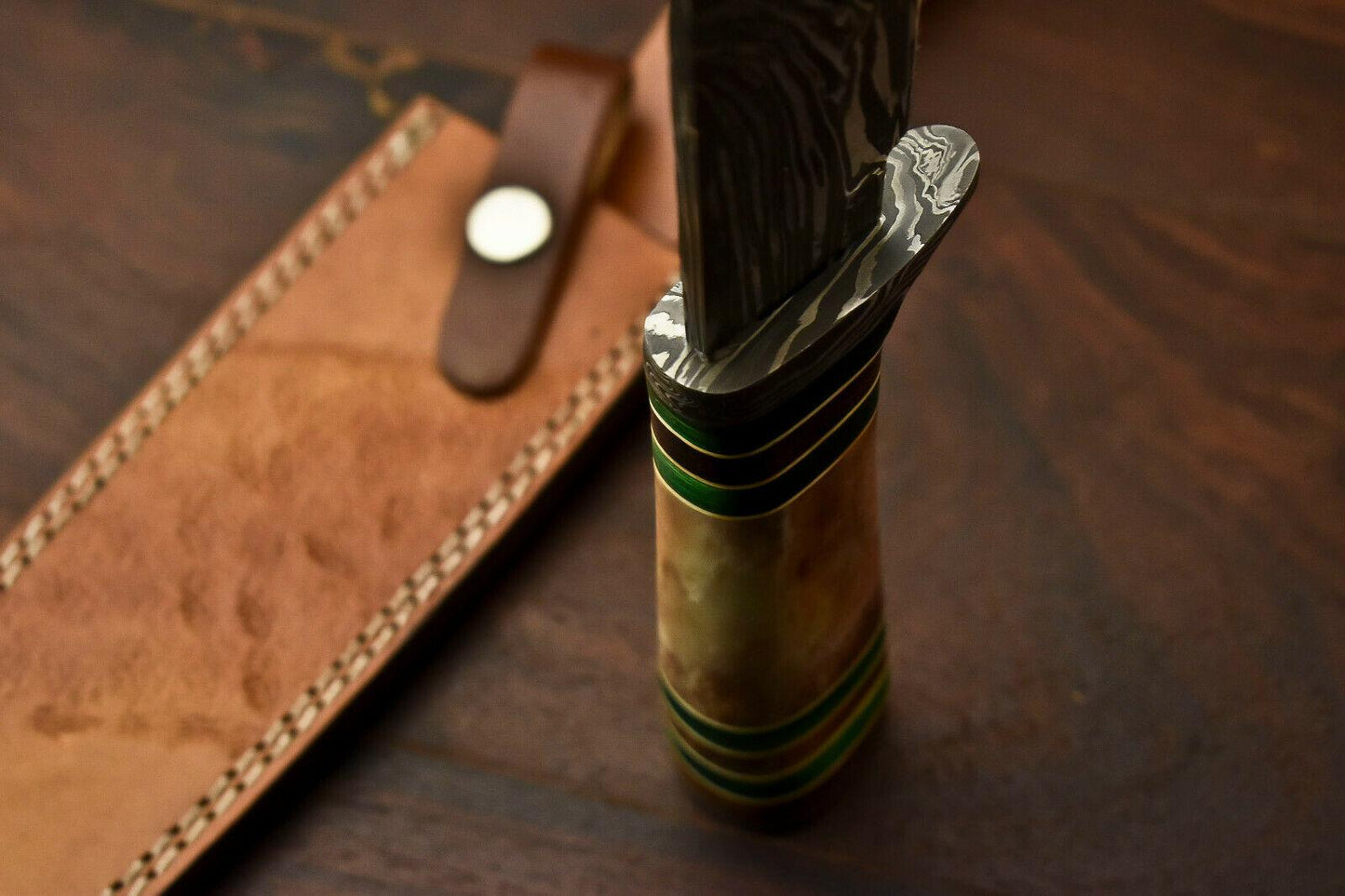 13" Damascus Steel Bowie Knife – Camel Bone Handle with Leather Sheath