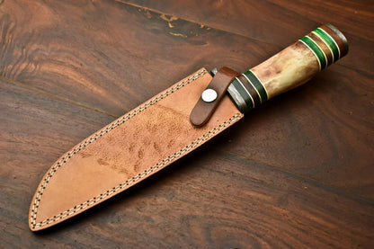 13" Damascus Steel Bowie Knife – Camel Bone Handle with Leather Sheath