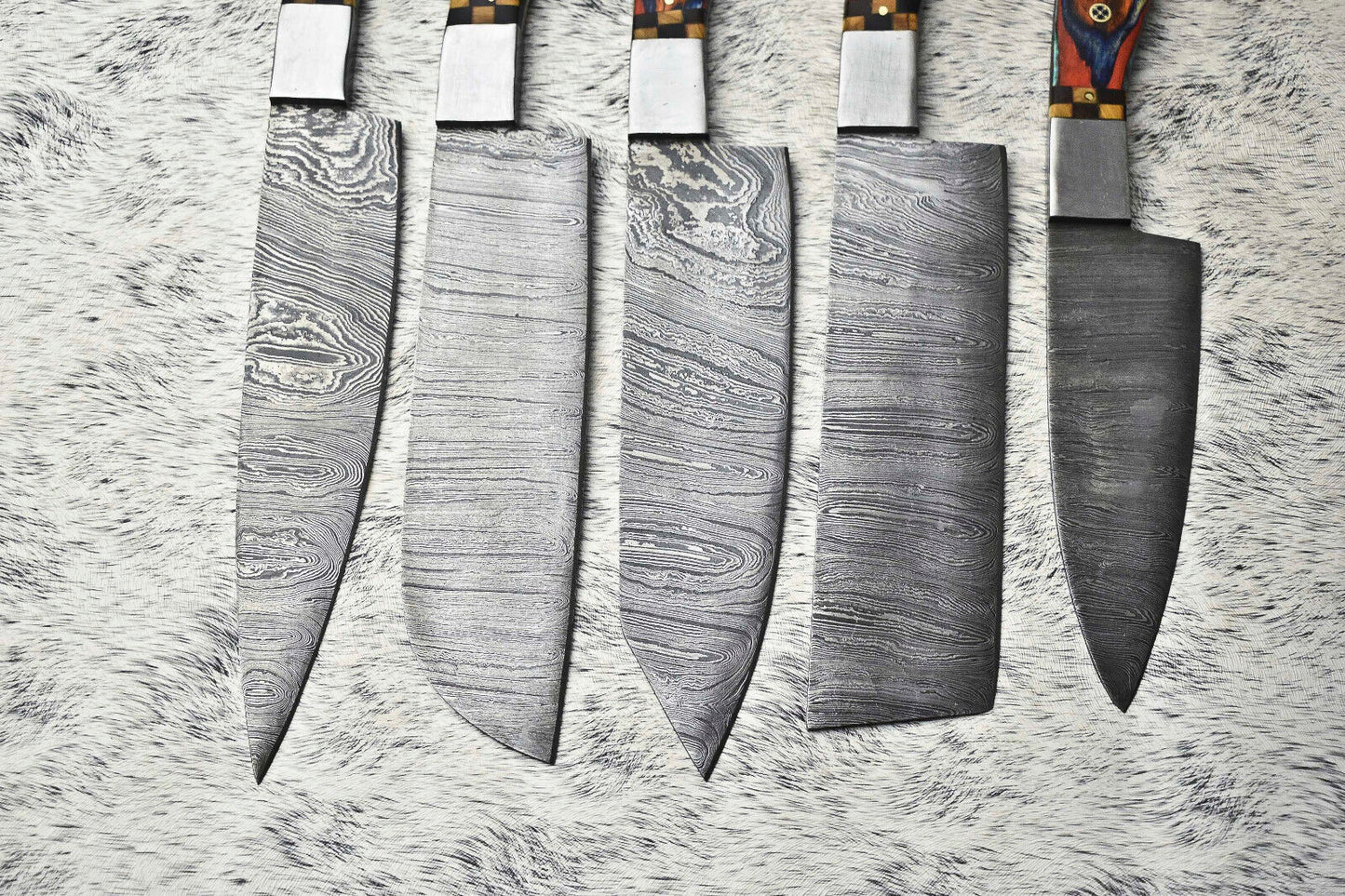 Premium Lot of 5 Handmade Hammered Damascus Steel Chef Knives – Artisan Forged Set