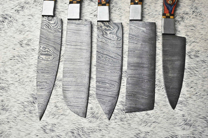 Premium Lot of 5 Handmade Hammered Damascus Steel Chef Knives – Artisan Forged Set