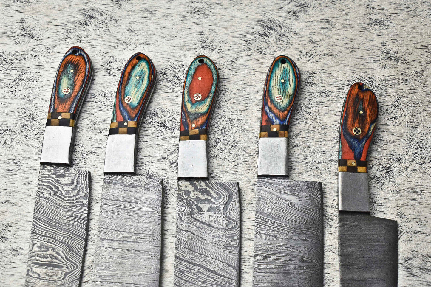 Premium Lot of 5 Handmade Hammered Damascus Steel Chef Knives – Artisan Forged Set