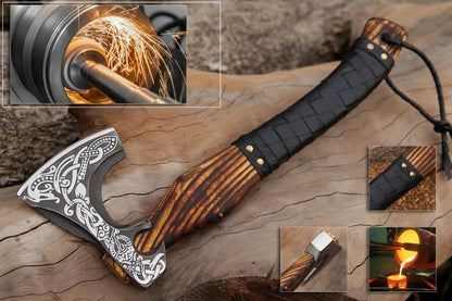 Valhalla Viking Axe Hand Forged Carbon Steel Battle Ready Hatchet with Wooden Handle and Leather Sheath