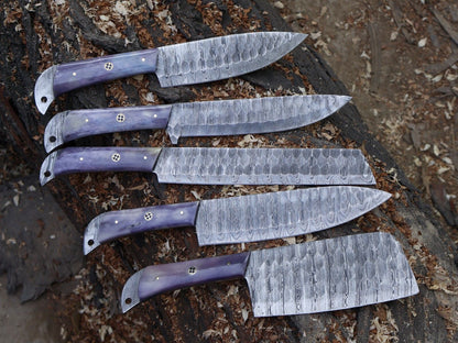 Chef Set Handmade Damascus Blade Kitchen 5pcs Kitchen Knife Tool with Leather Sheath