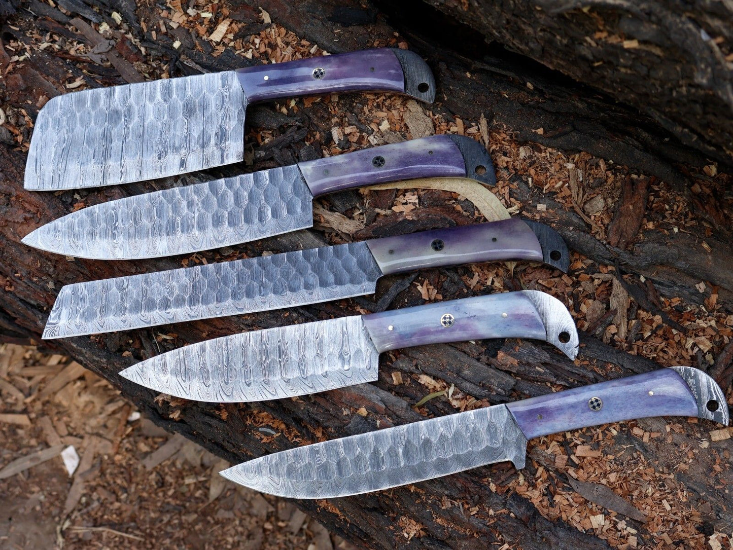 Chef Set Handmade Damascus Blade Kitchen 5pcs Kitchen Knife Tool with Leather Sheath