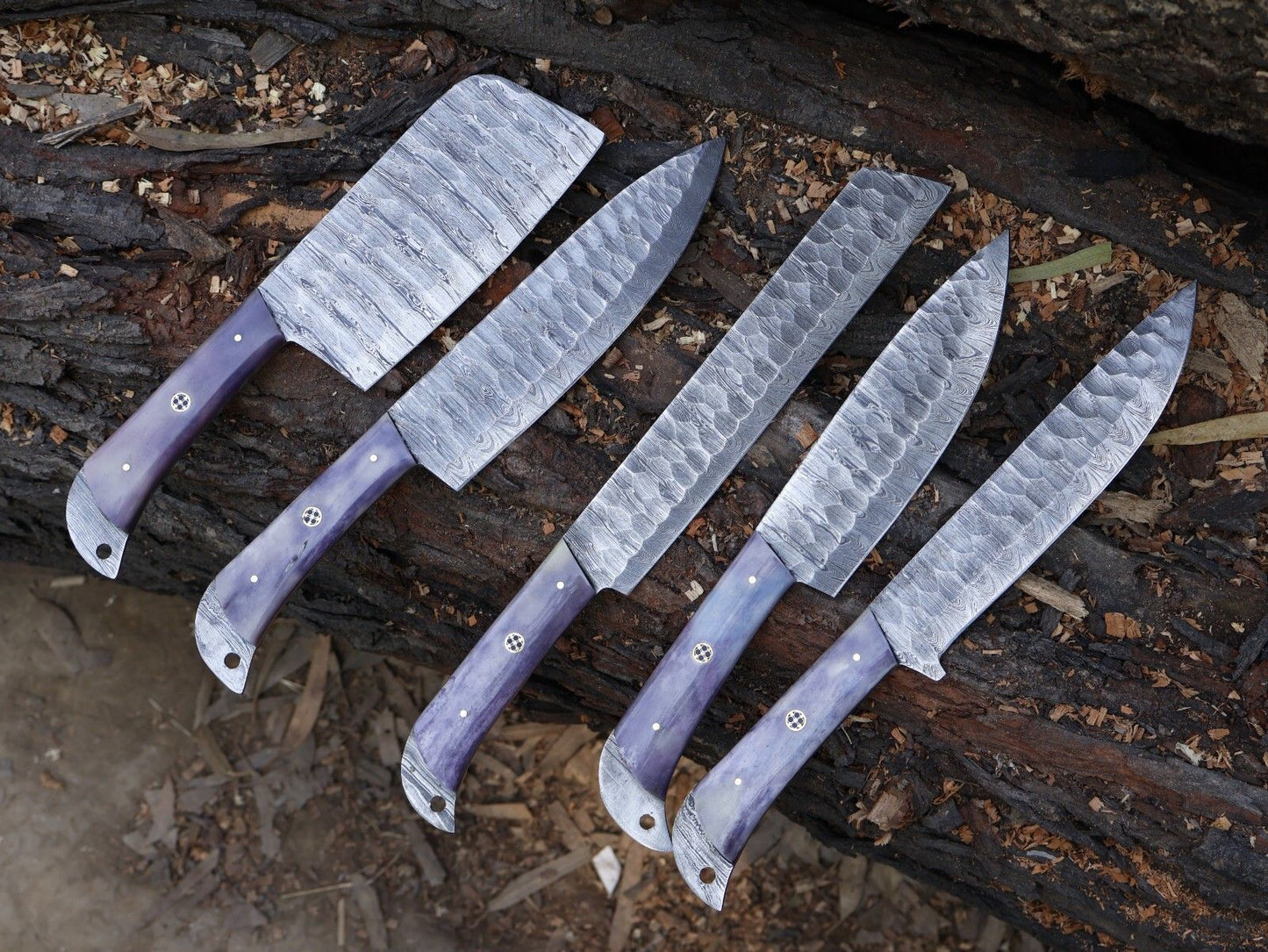 Chef Set Handmade Damascus Blade Kitchen 5pcs Kitchen Knife Tool with Leather Sheath