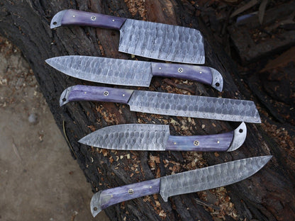 Chef Set Handmade Damascus Blade Kitchen 5pcs Kitchen Knife Tool with Leather Sheath