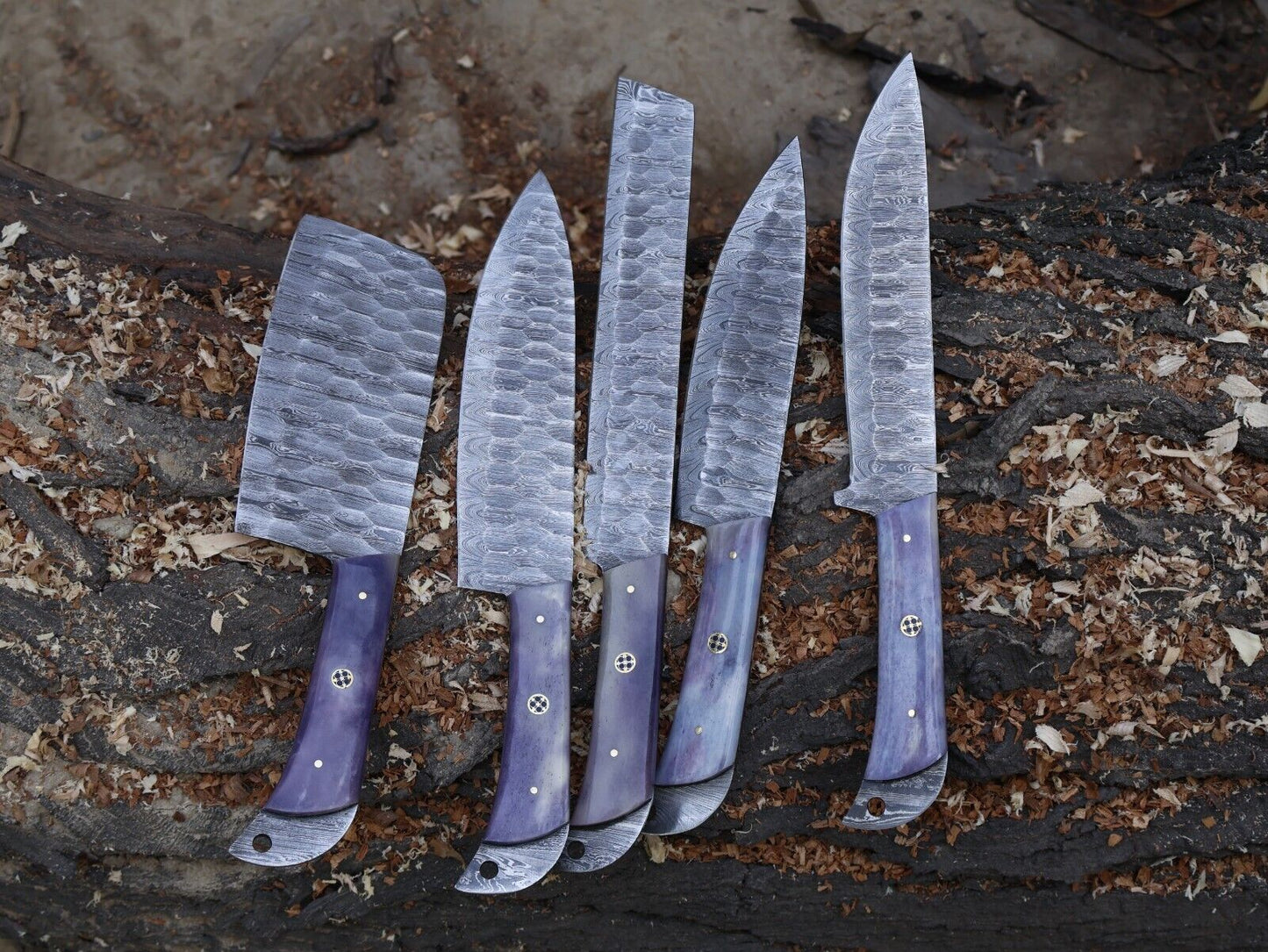 Chef Set Handmade Damascus Blade Kitchen 5pcs Kitchen Knife Tool with Leather Sheath