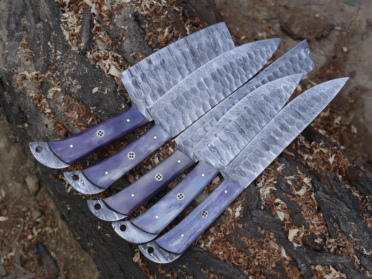 Chef Set Handmade Damascus Blade Kitchen 5pcs Kitchen Knife Tool with Leather Sheath