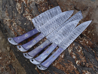 Chef Set Handmade Damascus Blade Kitchen 5pcs Kitchen Knife Tool with Leather Sheath