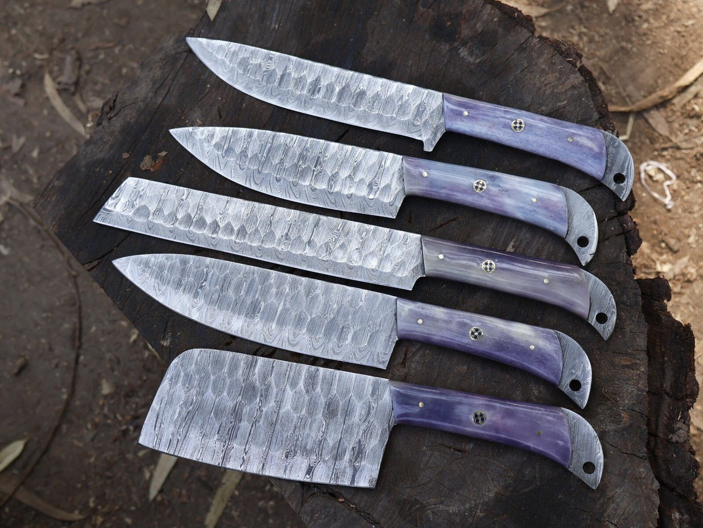 Chef Set Handmade Damascus Blade Kitchen 5pcs Kitchen Knife Tool with Leather Sheath