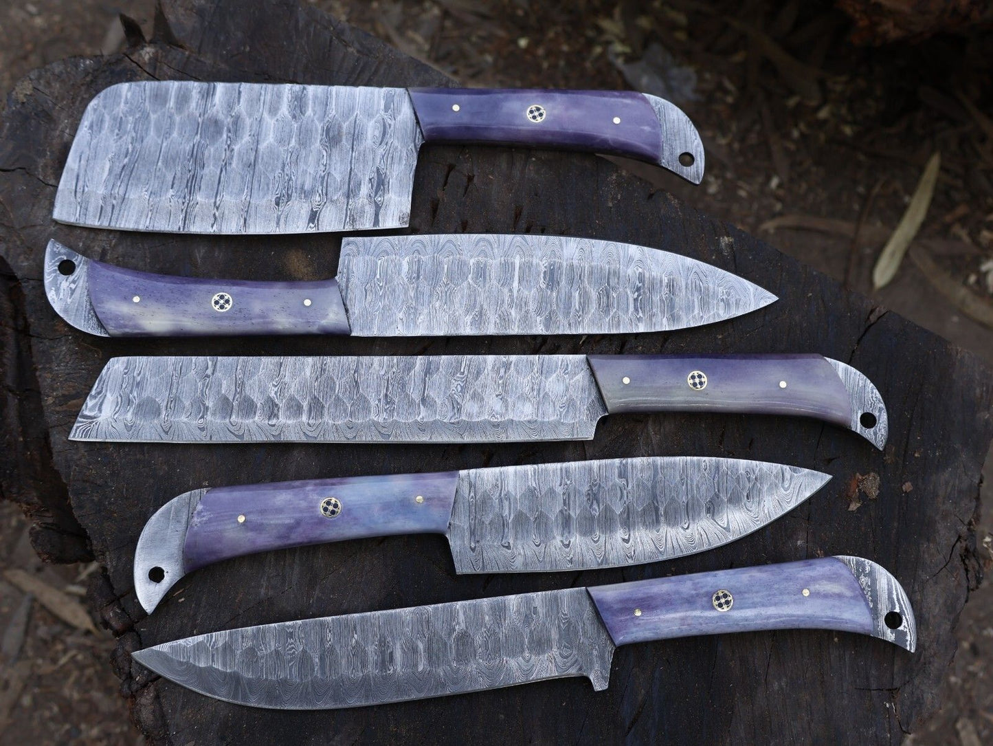 Chef Set Handmade Damascus Blade Kitchen 5pcs Kitchen Knife Tool with Leather Sheath