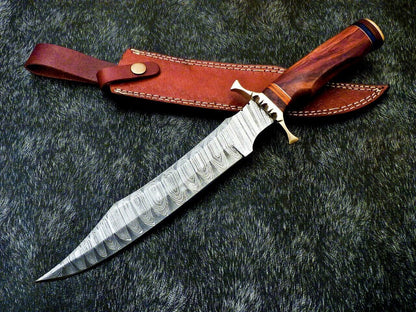 Hand Forged Damascus Steel Bowie Knife – Natural Wood Handle, 14.5" Hunting Blade