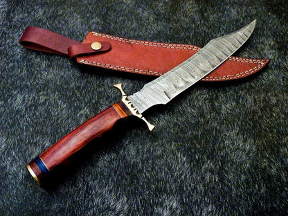 Hand Forged Damascus Steel Bowie Knife – Natural Wood Handle, 14.5" Hunting Blade