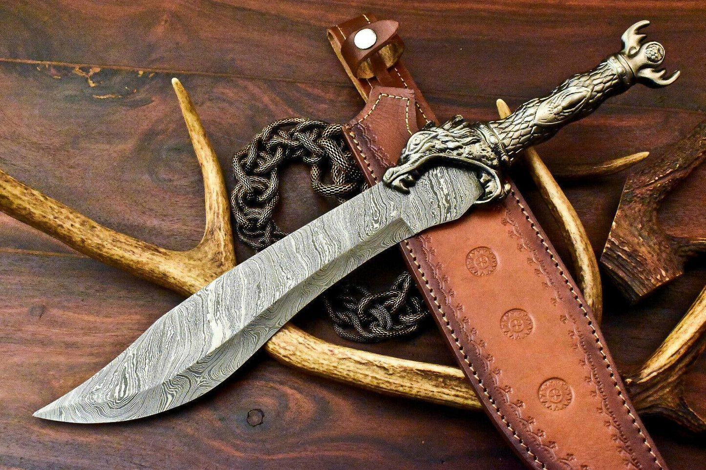 18” Damascus Bowie Knife – Pewter Grip & 12” Blade
