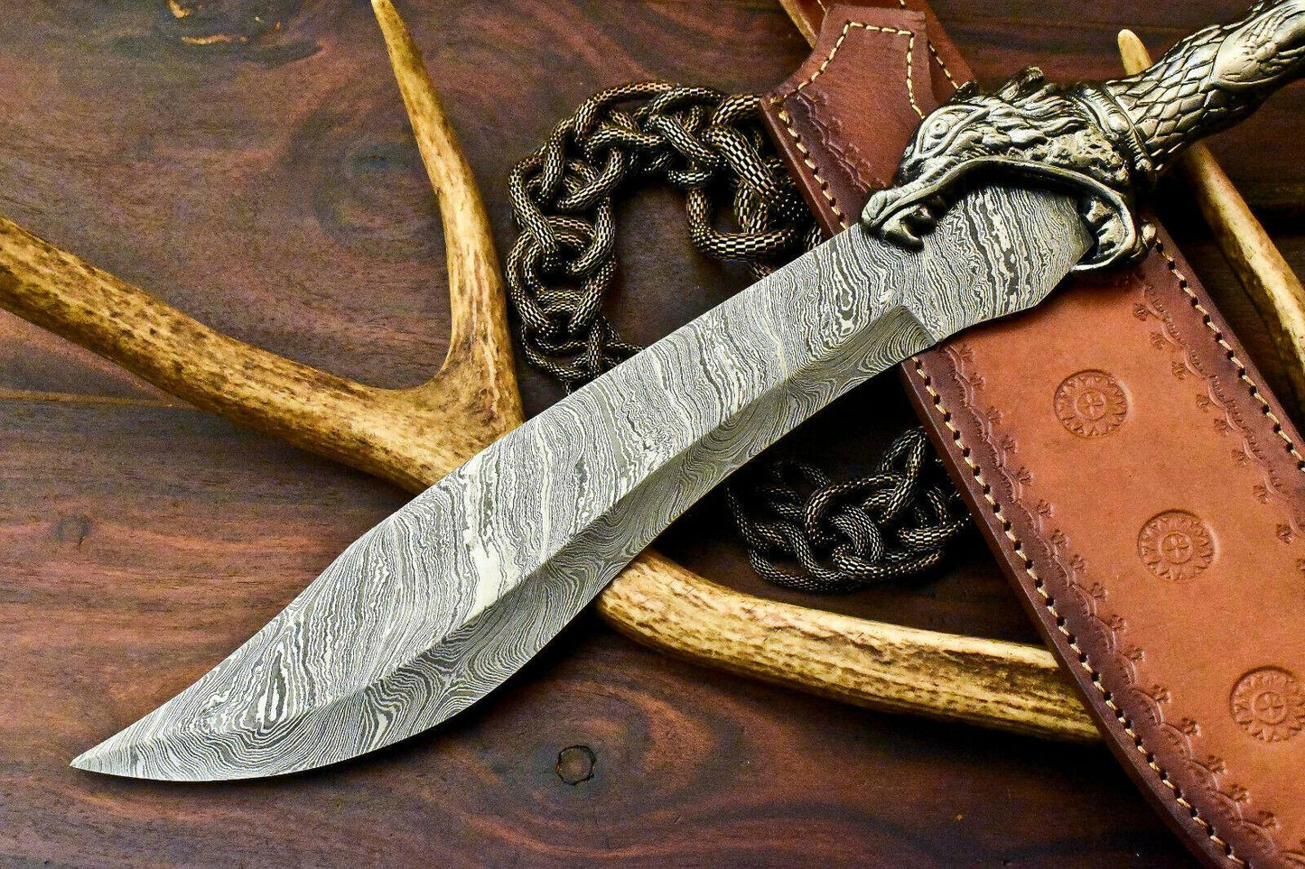 18” Damascus Bowie Knife – Pewter Grip & 12” Blade
