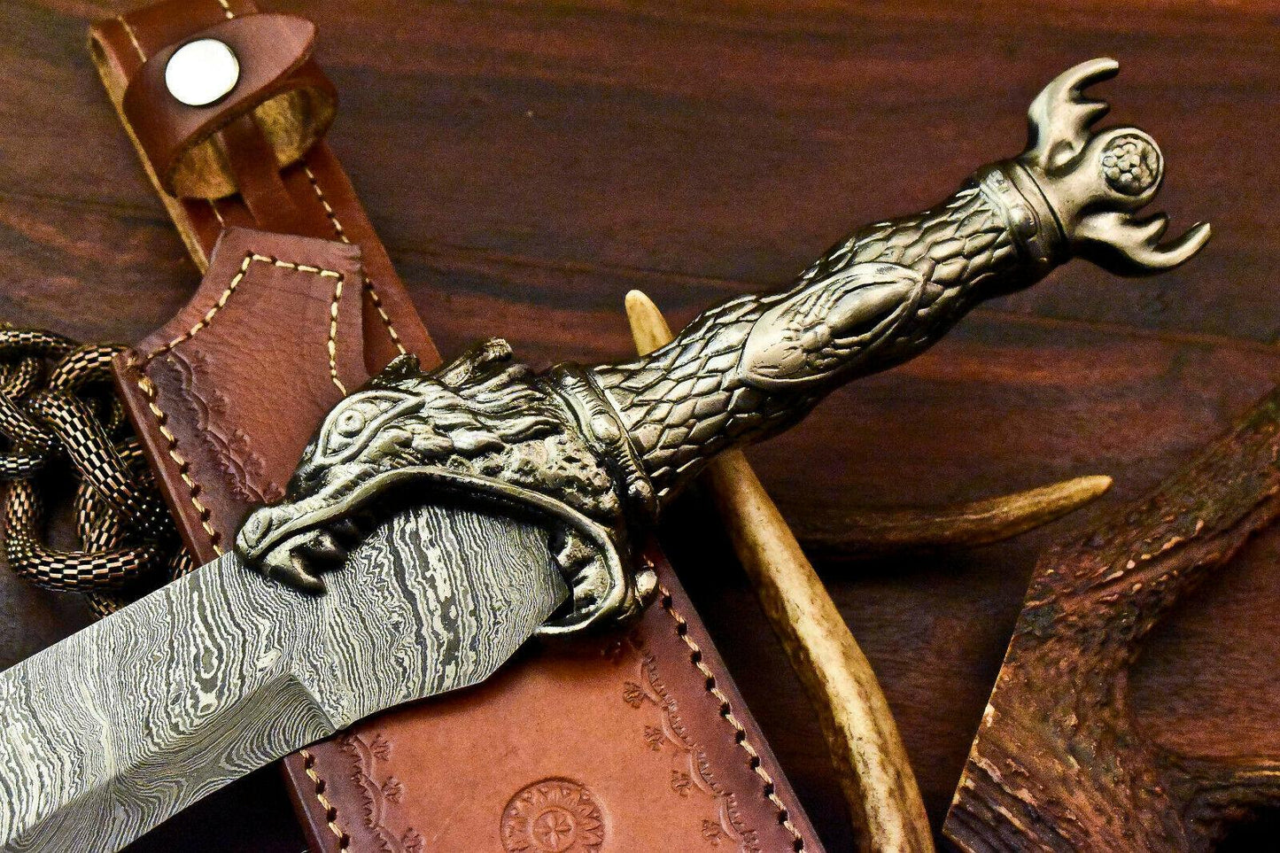 18” Damascus Bowie Knife – Pewter Grip & 12” Blade