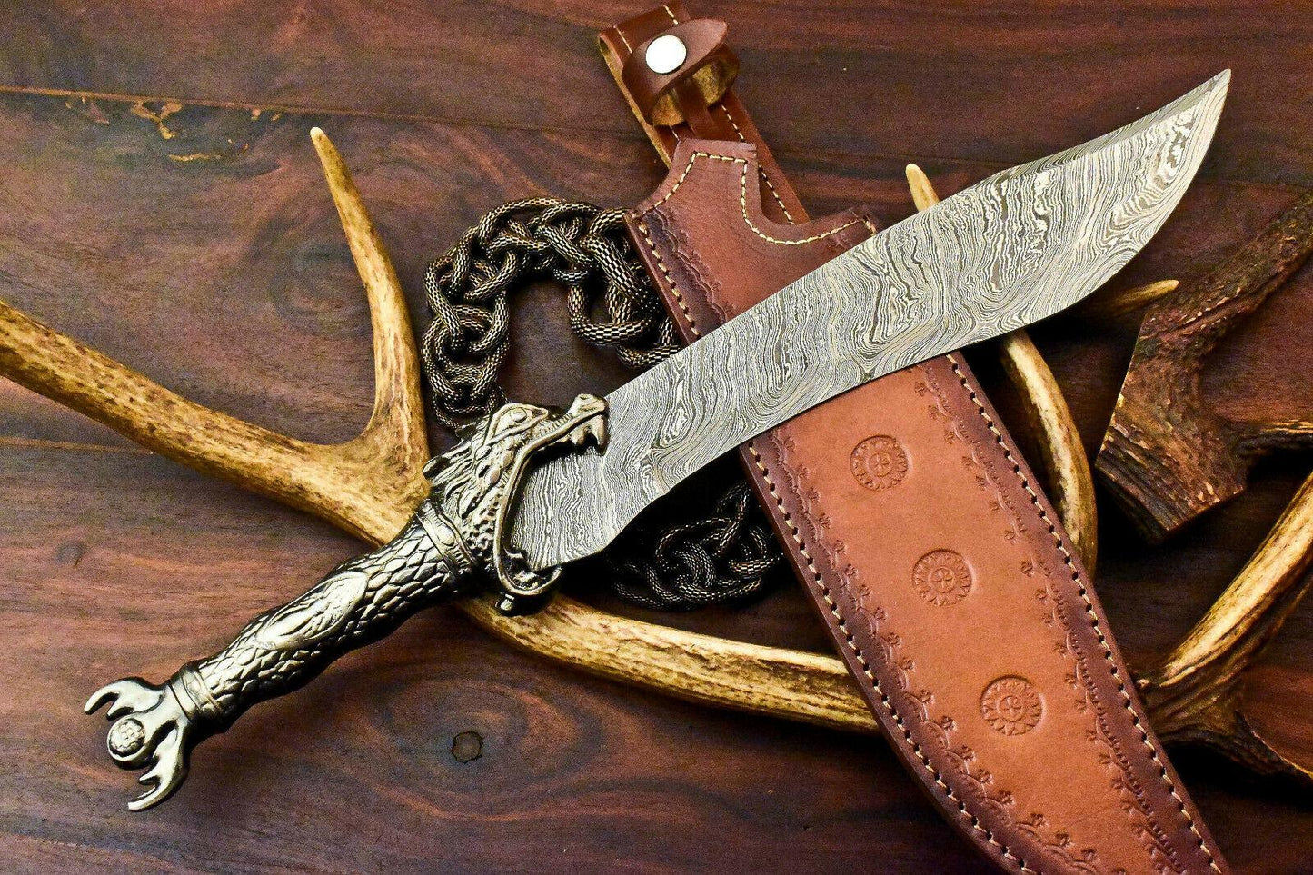 18” Damascus Bowie Knife – Pewter Grip & 12” Blade